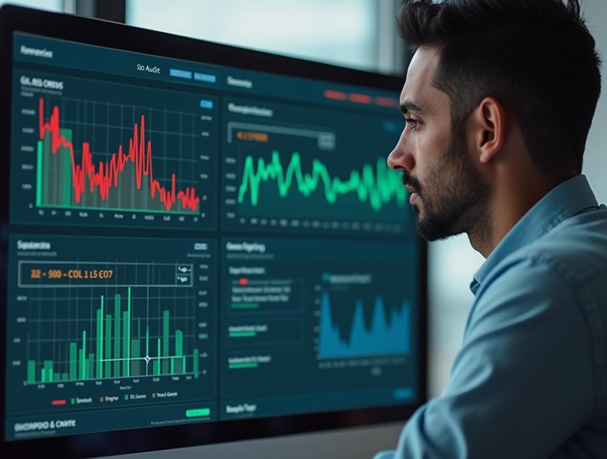 Especialista de agencia SEO revisando auditoría técnica de sitio web con métricas de posicionamiento