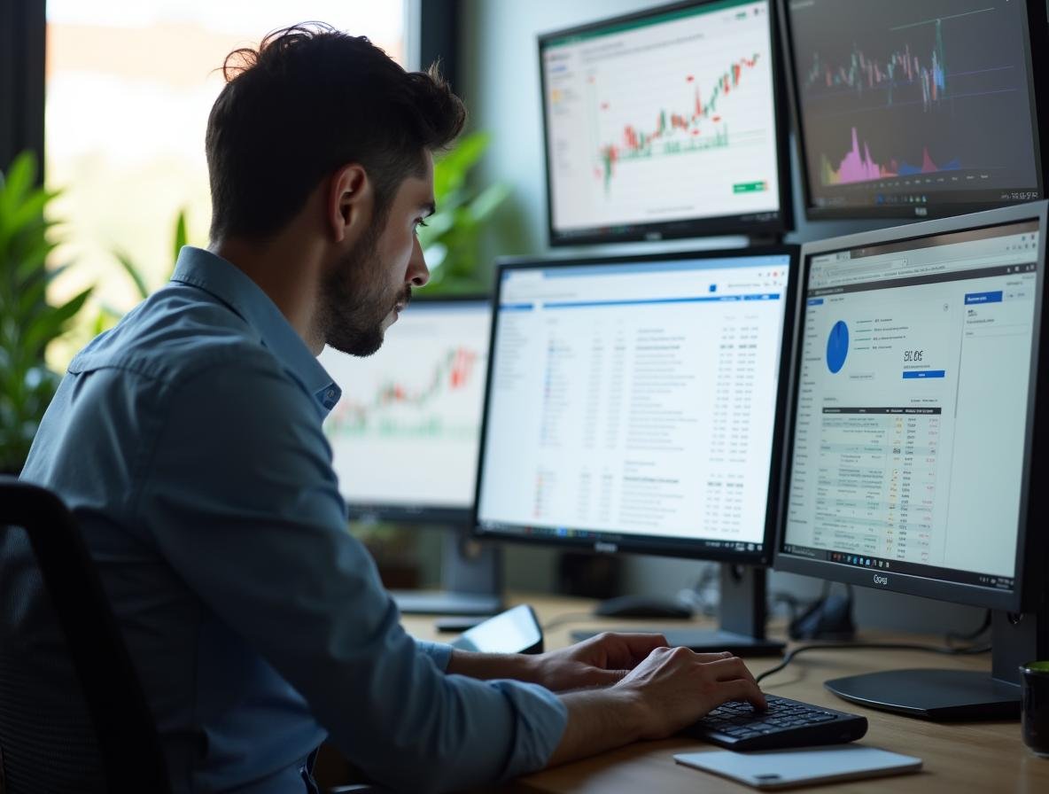 Consultor SEO en Medellín analizando datos de Google Search Console y métricas de posicionamiento orgánico en pantallas