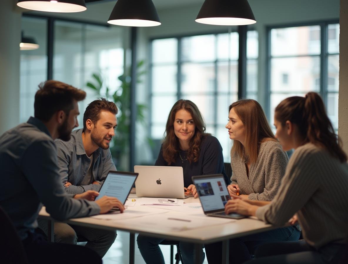Equipo de agencia de marketing digital en Medellín colaborando en estrategia SEO con laptops y documentos de planificación