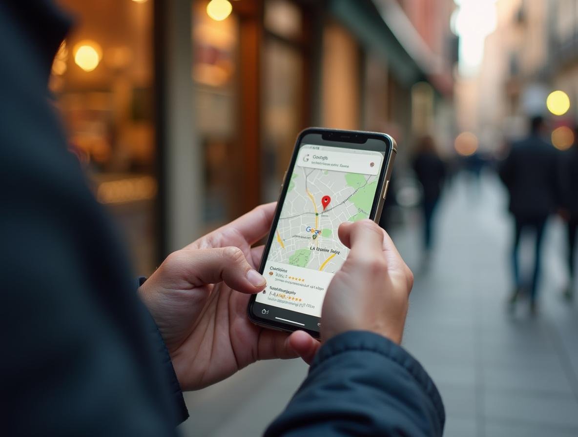 Empresario madrileño revisando posicionamiento local en Google Maps desde su smartphone frente a su negocio