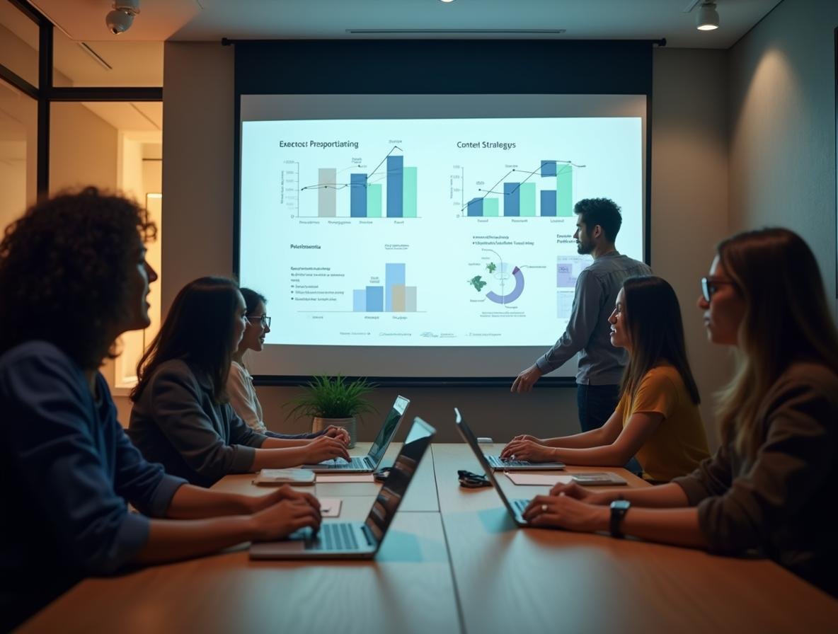 Equipo multidisciplinario de agencia digital en Bogotá revisando estrategia de contenidos SEO para cliente colombiano