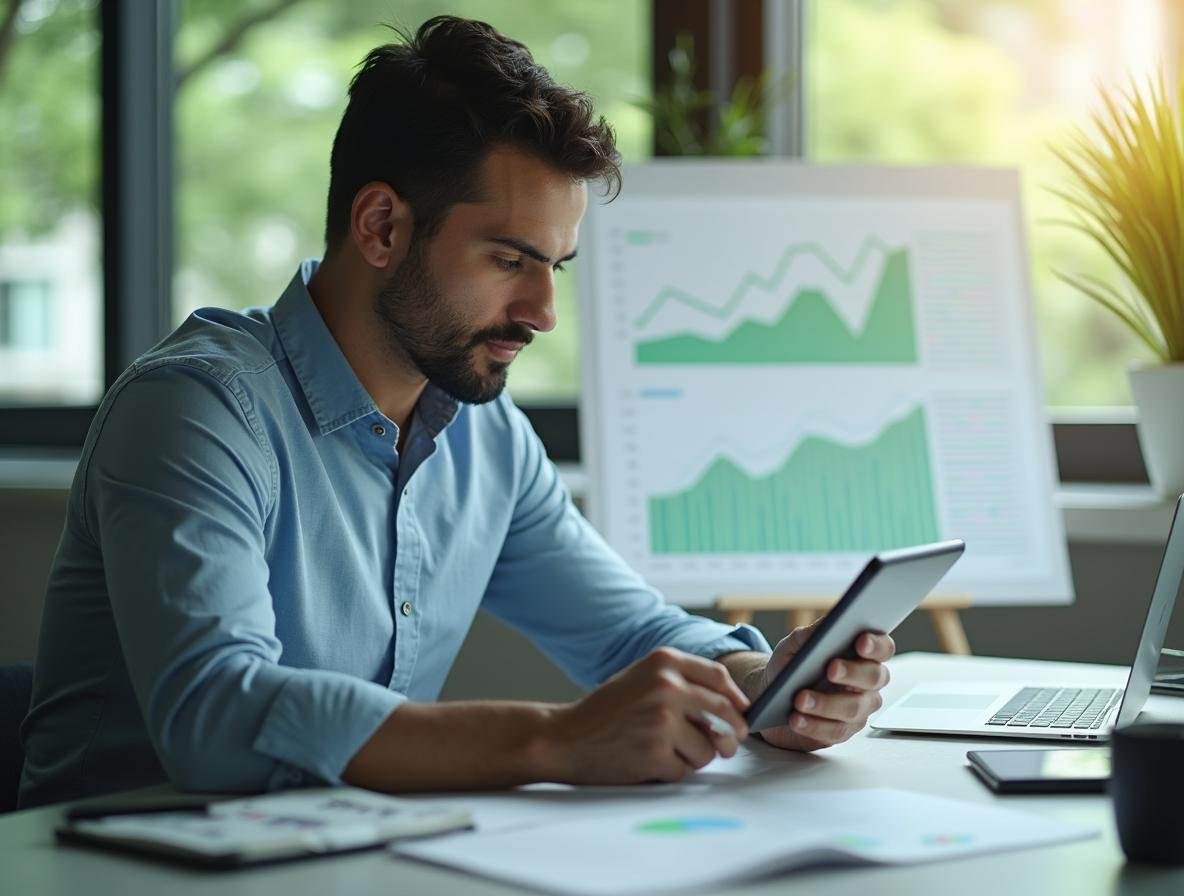Empresario colombiano revisando resultados de crecimiento de tráfico orgánico en reporte de agencia SEO