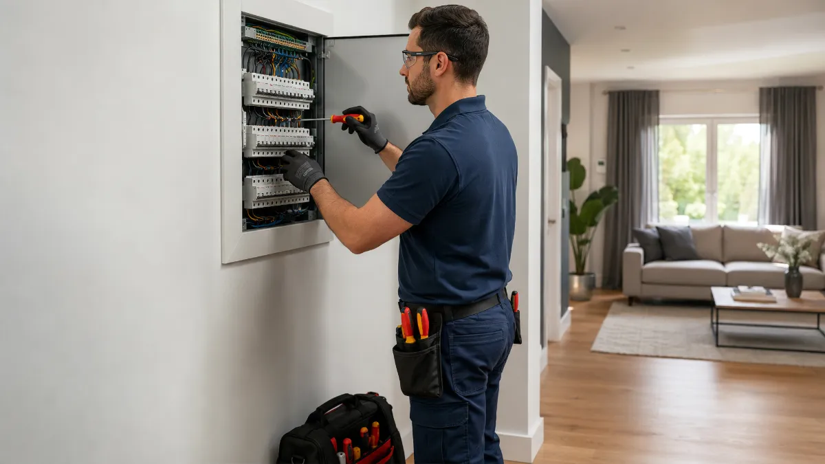 Electricista revisando un tablero eléctrico residencial, proyecto SEO local para All Around Electrical en Arizona