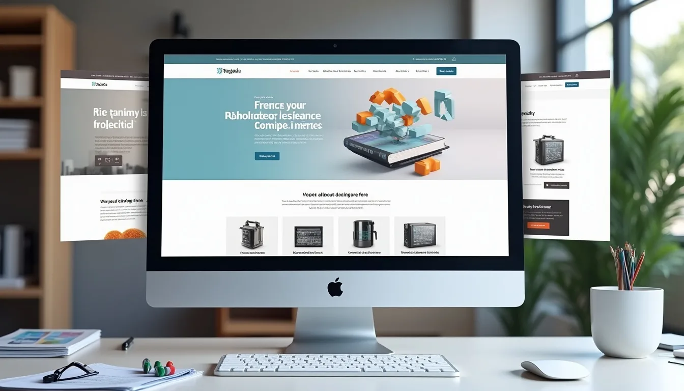 Comparación de landing page, sitio corporativo y tienda virtual en un monitor