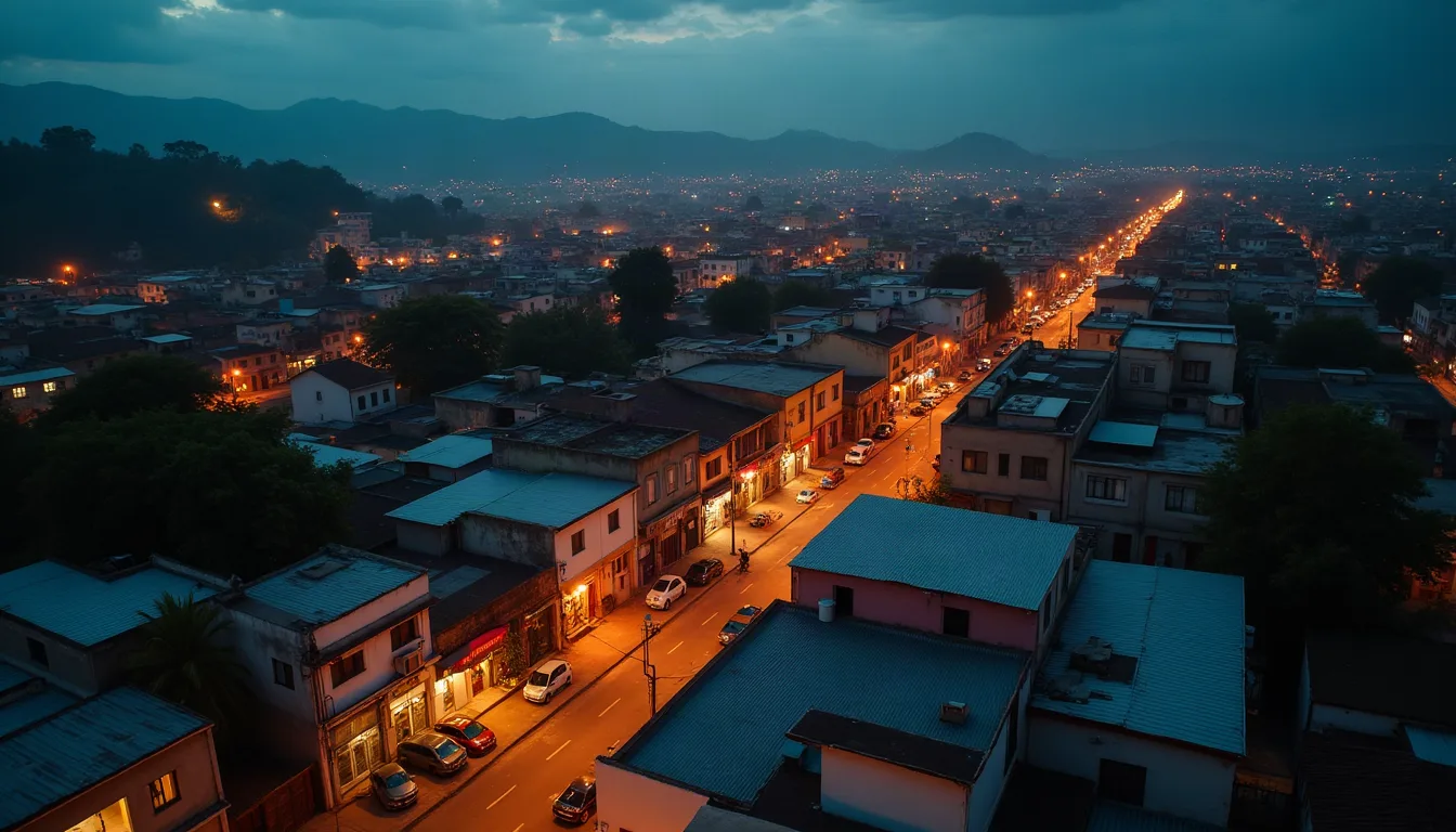 Vista aérea de un barrio colombiano con negocios marcados en el mapa