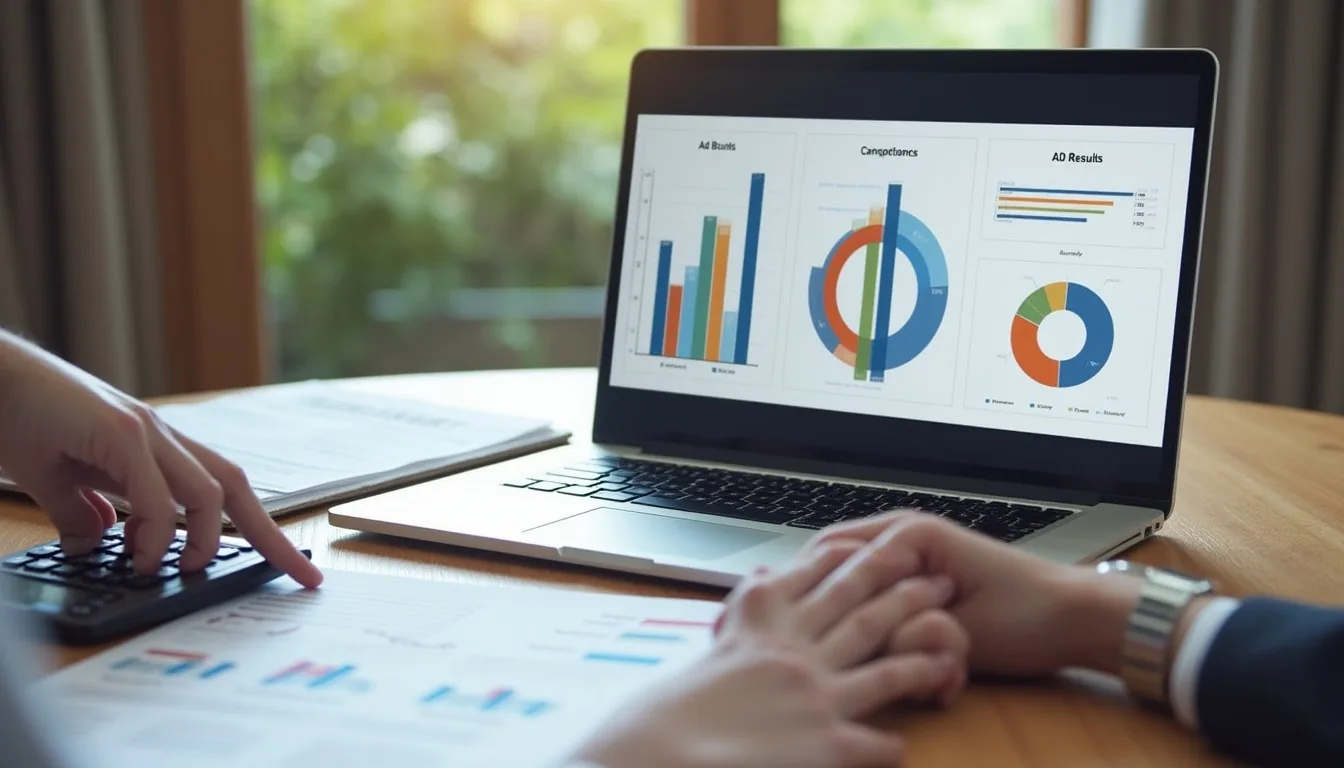 Análisis de resultados de campañas de Meta Ads en un portátil