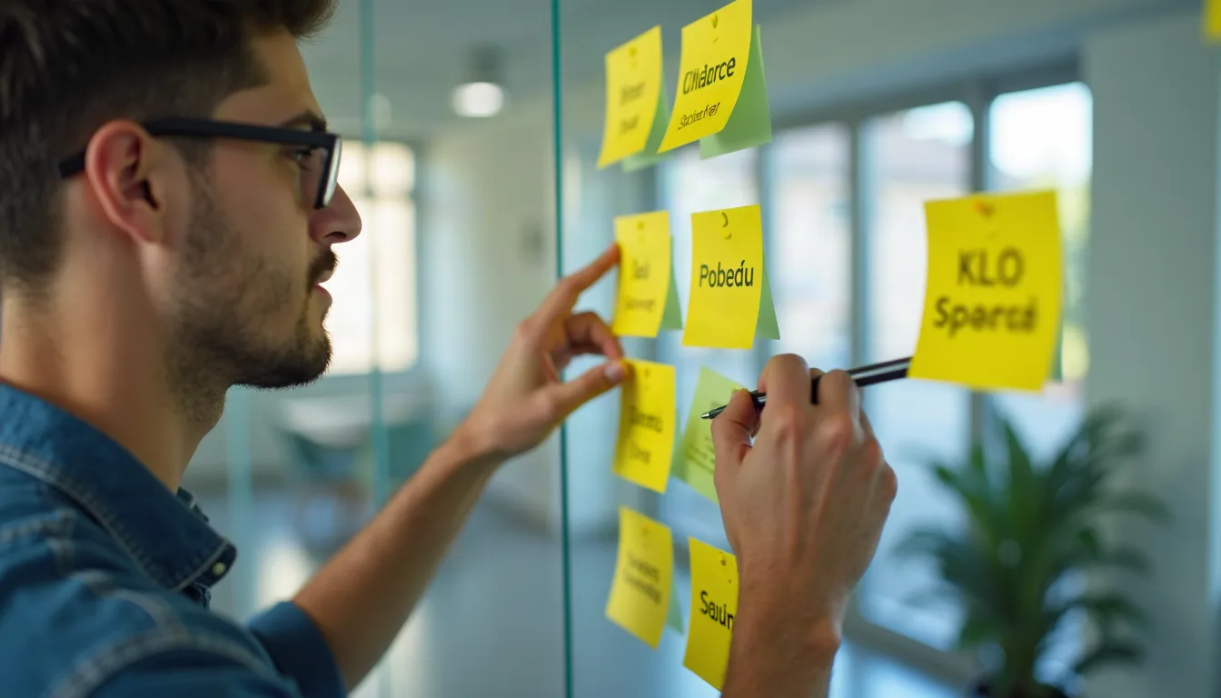 Estratega organizando palabras clave en notas adhesivas sobre un vidrio