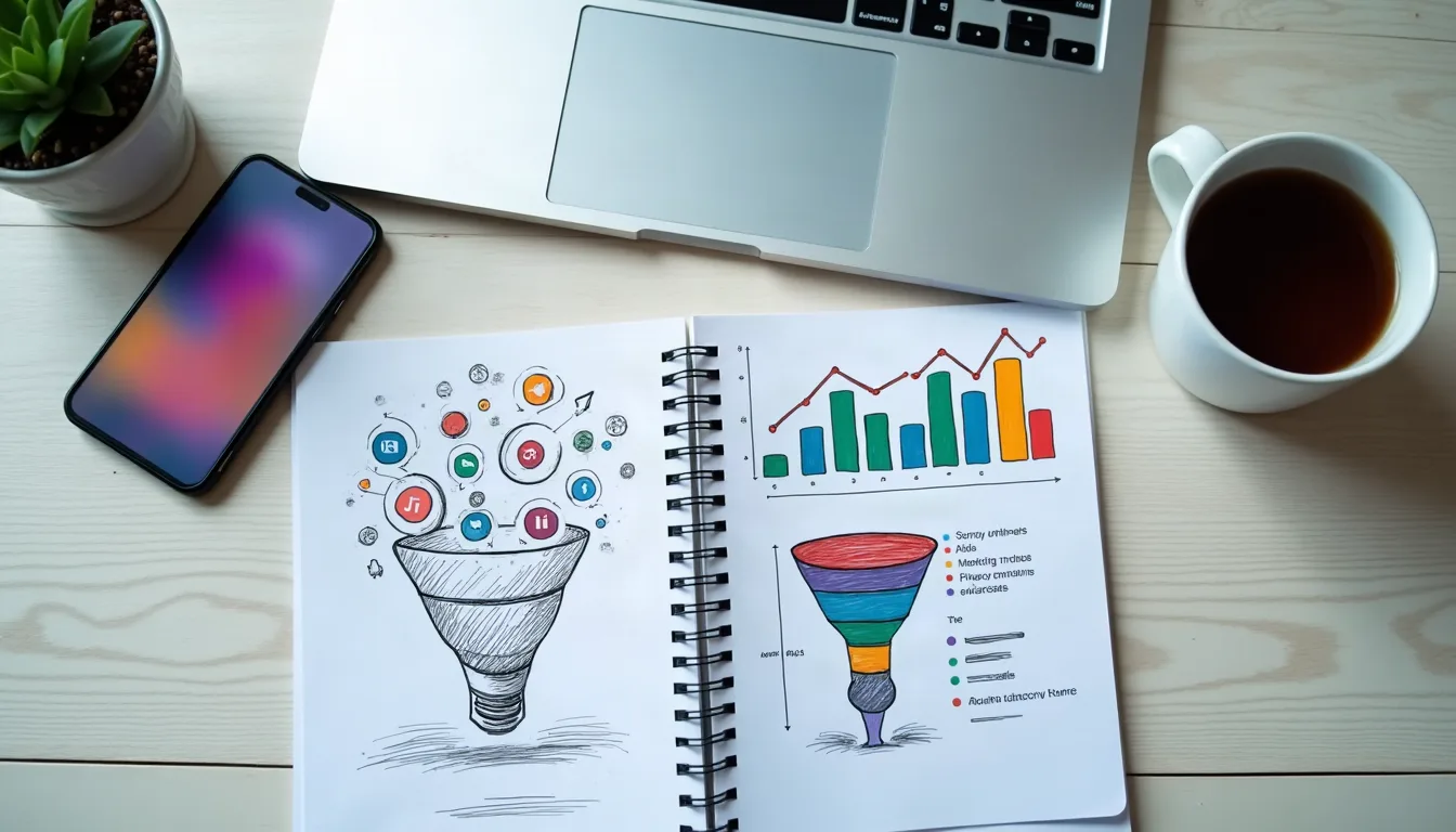 Escritorio con portátil, gráficas y boceto de embudo de marketing digital