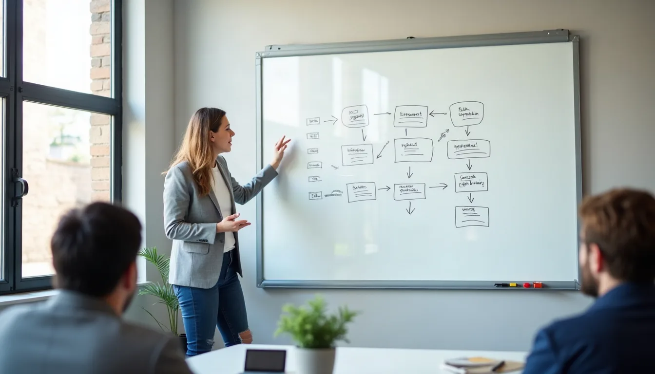 Consultor explicando un diagrama de procesos antes de automatizarlo