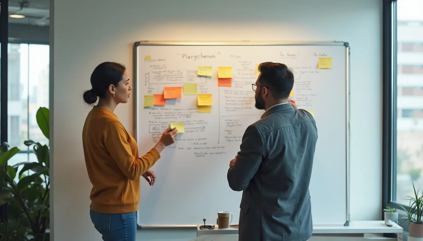 Equipo de marketing planeando una estrategia de contenido SEO en una pizarra