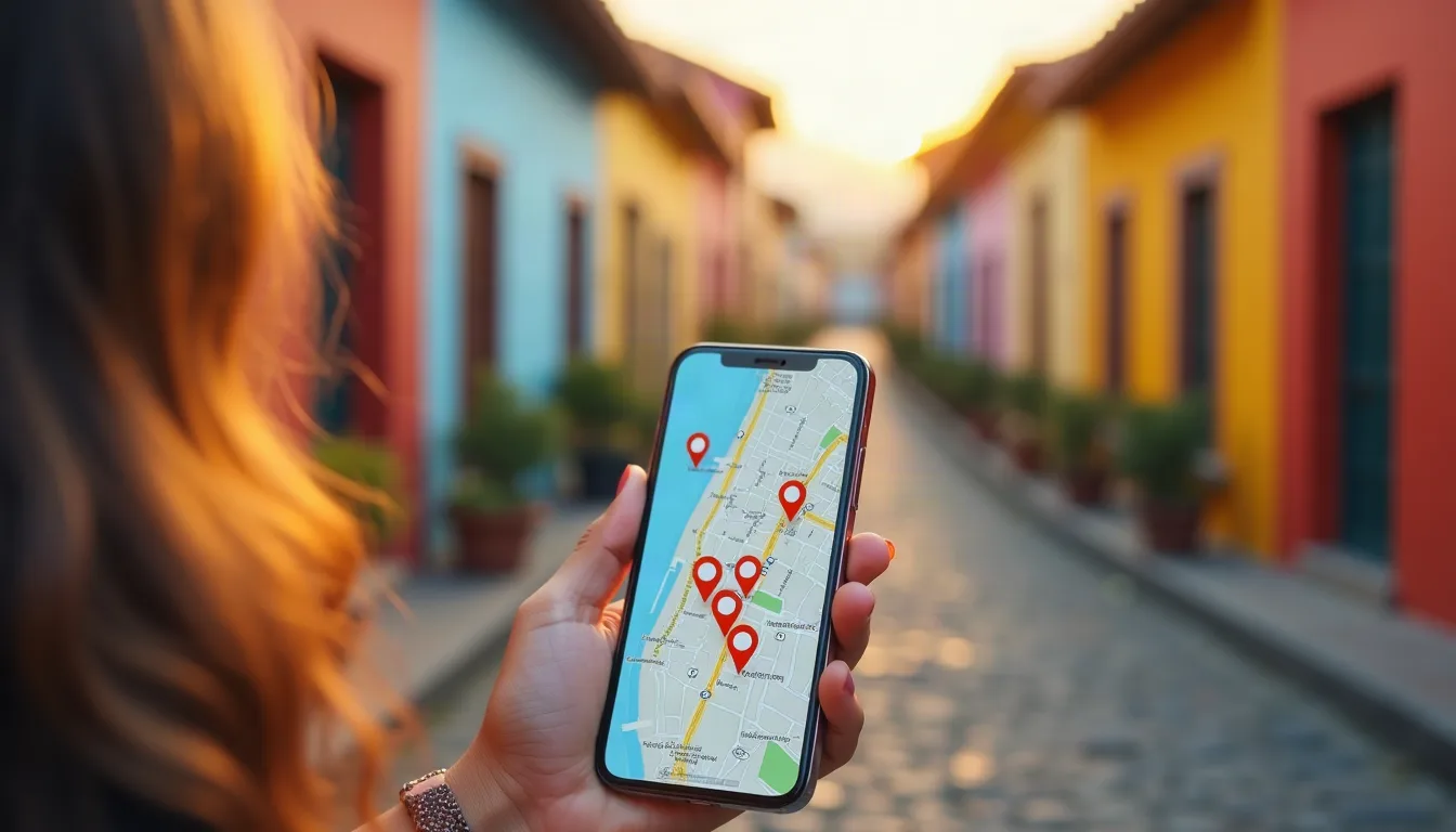 Celular mostrando un mapa con negocios locales en una ciudad de Colombia
